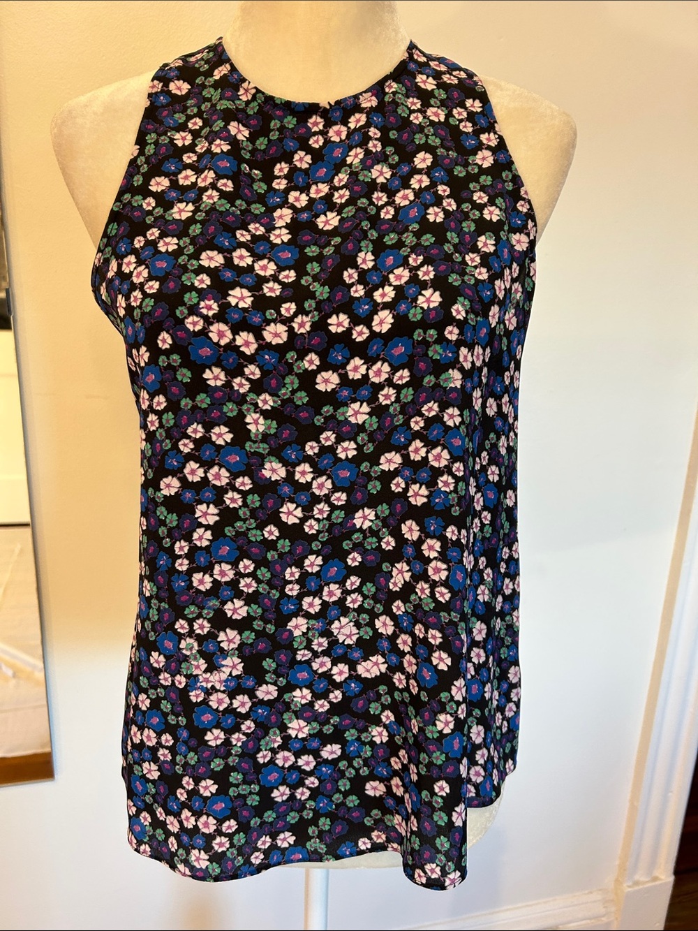 Rebecca Taylor 100% silk Black Floral Halter Camisole with Blue and Pink Flowers